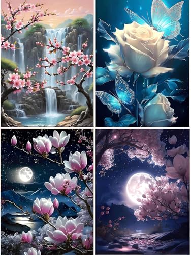 Aimorty 4 Stück 5D Diamond Painting Blumen,Diamants Painting, Diamond Painting Erwachsene Diamant Painting Nette Kunstwerk Dekoration Diamant Beschichtung Stereoskopische Schirm Wand Hängen Werkzeug von Aimorty