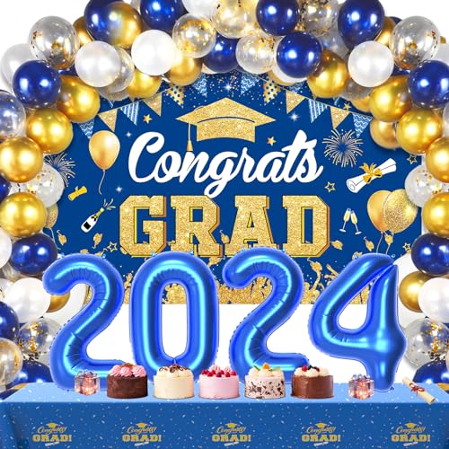 Abschlussfeier Dekorationen Klasse 2024: inklusive Hintergrundbanner, Ballon-Set, Tischdecke, Glückwunsch Graduate Decor Supplies für Schule College Universität Party (Blau & Gold) von AinDen