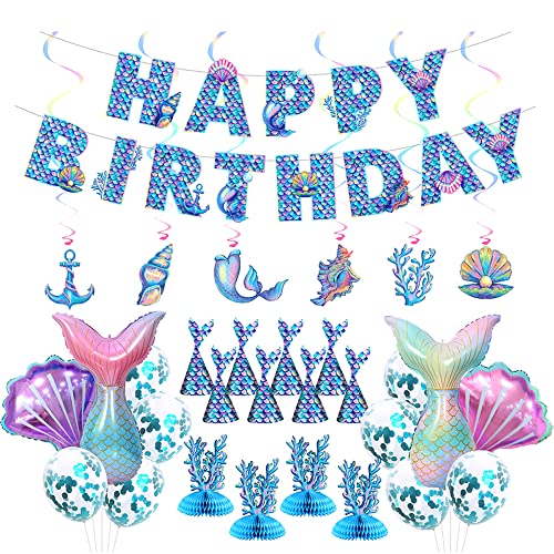 Meerjungfrau Geburtstag Deko, Dekorationen für Mädchen, Meerjungfrau Partyzubehör mit Happy Birthday Girlande, Luftballons, hängende Wirbel, Hüte, Koralle Tischdekoration von AinDen