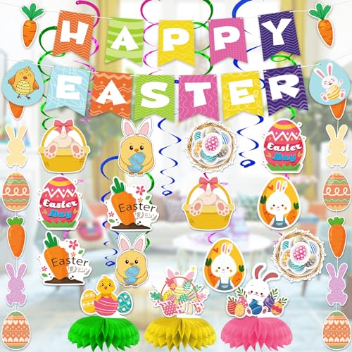 Oster-Party-Banner zum Aufhängen: Hasen- und Ei-Wirbel-Ornament-Set für Frühlings-Kaninchen-Thema – Innen-Tischdecke, Wand, bunte Dekoration, Kinder-Partyzubehör für Zuhause, Büro, Schule, von AinDen
