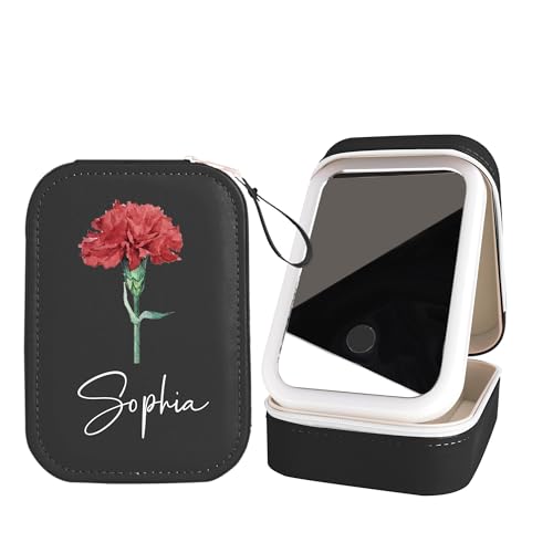 Personalisierte Name Reise Schmuckkästchen mit Led-Spiegel Geburt Blume Reise Make-up-Koffer mit Spiegel Personalisierte Schmuckschatulle mit beleuchtetem Spiegel Tragbarer Schmuck-Organisator von Aina Lighting