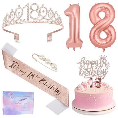Ainiv 18. Geburtstag Mädchen Deko, Happy 18th Birthday Kuchenaufsatz, 18. Geburtstag Schärpe und Tiara, Zahlenkerzen und Luftballons Set für Mädchen, Geburtstagsgeschenke, Partydekorationen Ainiv 18. Geburtstag Mädchen Deko, Happy 18th Birthday Kuchenaufsatz, 18. Geburtstag Schärpe und Tiara, Zahlenkerzen und Luftballons Set für Mädchen, Geburtstagsgeschenke, Partydekorationen von Ainiv
