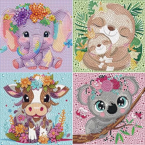 Ainiv 4er Set Diamond Painting Kinder, 5D DIY Diamond Painting Kinder Set, Full Diamant Painting Bilder Kinder Tiere, Malen Nach Zahlen Diamant Painting, Kinder Mädchen Tiere für Home Wand Decor-A von Ainiv