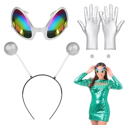 Ainiv Alien Stirnband und Brille Handschuhe, Party Head Boppers Stirnband Außerirdische Brille Silberne Handschuhe, Geeignet Als Foto-Requisiten Und Atmosphären-Requisiten für Erwachsene und Kinder von Ainiv