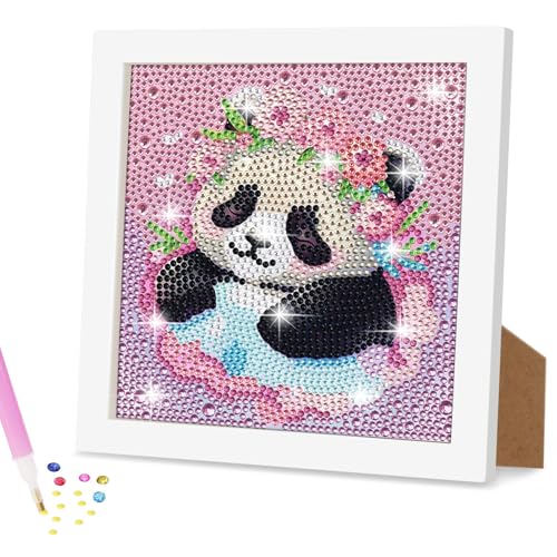 Ainiv Diamond Painting Kinder mit Holzrahmen, 5D DIY Cartoon Diamond Painting Bilder, Malen Nach Zahlen Diamant Painting, DIY Diamant Painting Bilder Kinder Mädchen Tiere für Home Wand Decor-Panda von Ainiv