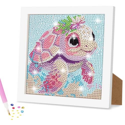 Ainiv Diamond Painting Kinder mit Holzrahmen, 5D DIY Cartoon Diamond Painting Bilder, Malen Nach Zahlen Diamant Painting, DIY Diamant Painting Bilder Kinder Tiere für Home Wand Decor-Meeresschildkröte von Ainiv