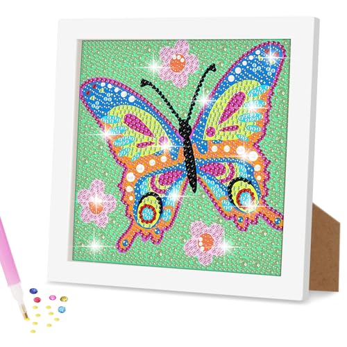 Ainiv Diamond Painting Kinder mit Holzrahmen, 5D DIY Cartoon Diamond Painting Bilder, Malen Nach Zahlen Diamant Painting, DIY Diamant Painting Bilder Kinder Tiere für Home Wand Decor-Schmetterling von Ainiv