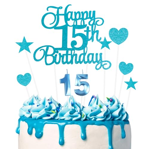 Ainiv Geburtstagskerzen Zahlen 15, Tortendeko zum 15. Geburtstag, 15. Geburtstag Kuchendeko für Jungen Mädchen, Blau Stern-Herz-Tortenaufsatz für Party, Cupcakes, Desserts und Gebäck Ainiv Geburtstagskerzen Zahlen 15, Tortendeko zum 15. Geburtstag, 15. Geburtstag Kuchendeko für Jungen Mädchen, Blau Stern-Herz-Tortenaufsatz für Party, Cupcakes, Desserts und Gebäck von Ainiv