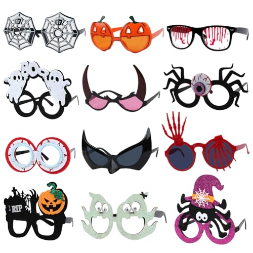 Ainiv Halloween-Brille, 12 Stück Partybrillen Set, Kreative Halloween Filz+Kunststoff Brillen Party Gläser Cartoon Nette Sortierte Kinder Partybrillen Lustige Brille für Partydekoration von Ainiv