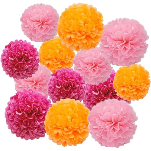 Ainmto 12 Stück Seidenpapier Pompons Rosa und Orange,Party Pompons Deko für Geburtstag, Hochzeit von Ainmto