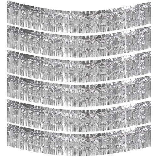 6-Pakete Folie Fringe Girland Metallic Folie Tinsel Fringe Girland Wand Hängende Fringe Banner für Parade Floats, Hochzeit, Weihnachten, Geburtstagsparty Halloween Deko (Silber) von Ainmto