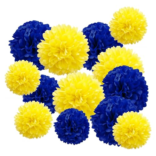 Ainmto 12 Stück Seidenpapier Pompons Blau und Gelb,Party Pompons Deko für Geburtstag, Hochzeit von Ainmto