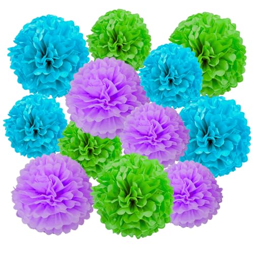 Ainmto 12 Stück Seidenpapier Pompons blau grün und lila,Party Pompons Deko für Geburtstag, Hochzeit von Ainmto