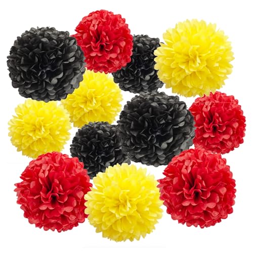 Ainmto 12 Stück Seidenpapier Pompons rot gelb und schwarz,Party Pompons Deko für Geburtstag, Hochzeit von Ainmto