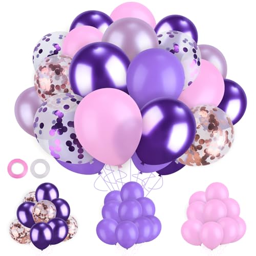 Ainvliya 60Pcs Luftballons Rosa Lila Geburtstag Deko - Happy Birthday Ballons mit Konfetti Latex Ballons, Bunt Luftballon Girlande Set für Hochzeit Party Dekorationen Geburtstagsdeko Baby Shower Deko von Ainvliya