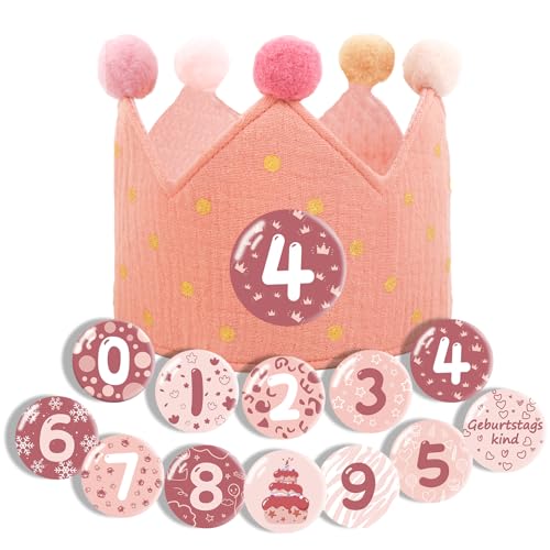 Happy Birthday Girlande Crown - Geburtstagskrone Musselin, Haarschmuck Kinder, Krone Geburtstag für Jungs Mädchen - Partyhütege und Auswechselbaren Zahlen von 0-9 für den Kindergeburtstag (pink hat) von Ainvliya