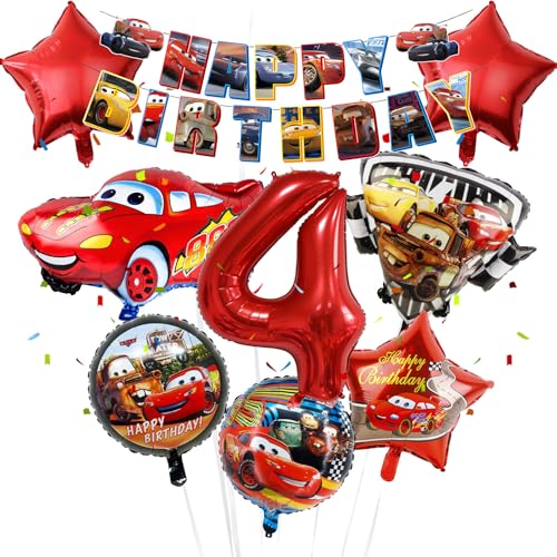 Car Geburtstagsdeko 4 Jahre Luftballons Jungen- 9Pcs Auto Kindergeburtstag Deko Folienballon Banner Happy Birthday Geburtstag Balloon Partyzubehör für Kinder Theme Party Hintergrunden Supplies Deko von Ainvliya