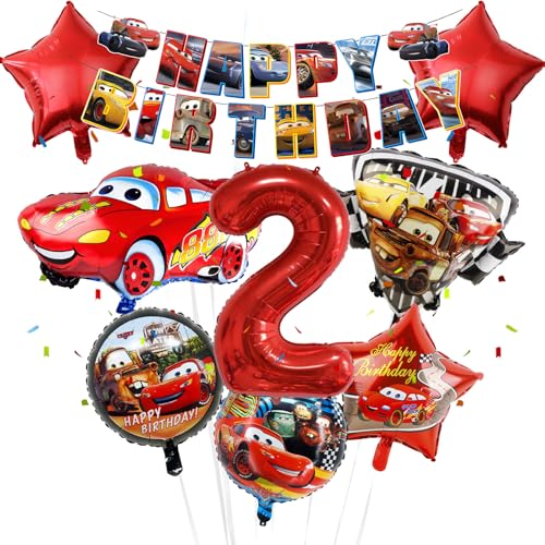 Car Geburtstagsdeko 2 Jahre Luftballons Jungen- 9Pcs Auto Kindergeburtstag Deko Folienballon Banner Happy Birthday Geburtstag Balloon Partyzubehör für Kinder Theme Party Hintergrunden Supplies Deko von Ainvliya