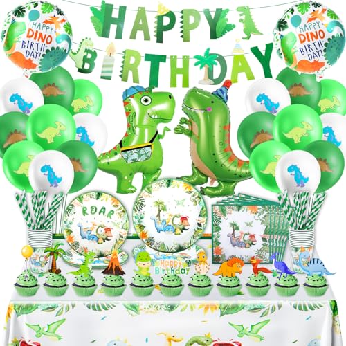 Dino Geburtstag Deko Kindergeburtstag Geschirr Jungen- 95Pcs Dinosaurier Partygeschirr Set mit Luftballon Balloon Geburtstagsdeko Banner Girlande Pappteller Tortendeko Birthday Party Deko für 10 Gäste von Ainvliya