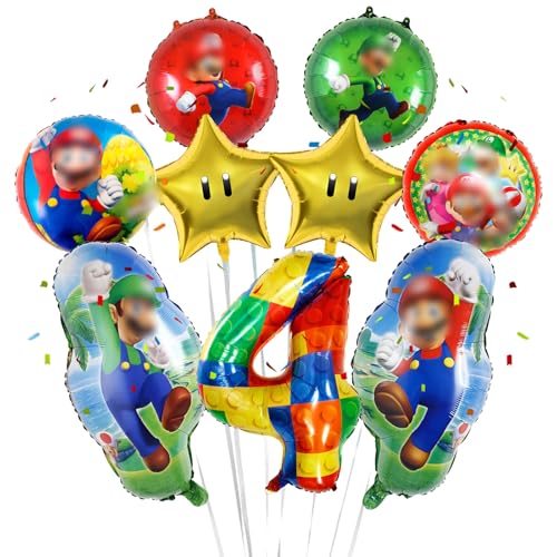 Geburtstagsdeko 4 Jahre Super Luftballons Jungen Mädchen- Kindergeburtstag Deko Bros Folienballon Happy Birthday Geburtstag Balloon Partyzubehör für Kinder Theme Party Geburtstag Supplies ballon von Ainvliya