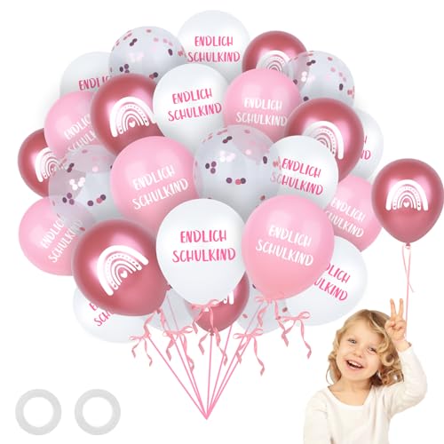 28 Stück Einschulung Luftballons Rosa Schulstart Deko, Schuleinführung Schulstart Party Dekoration mit Konfetti Luftballons, Schulkind Farbmix Latex Bunt Ballons für Schulanfang Jungen Mädchen von Ainvliya