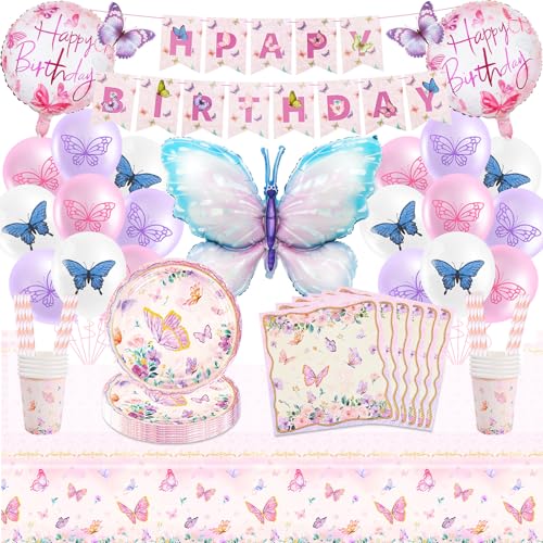 Schmetterling Geburtstag Deko Kindergeburtstag Geschirr Mädchen-103Pcs Schmetterlinge Partygeschirr Set mit Luftballon Balloon Geburtstagsdeko Girlande Pappteller Tortendeko Party Deko für 20 Gäste von Ainvliya