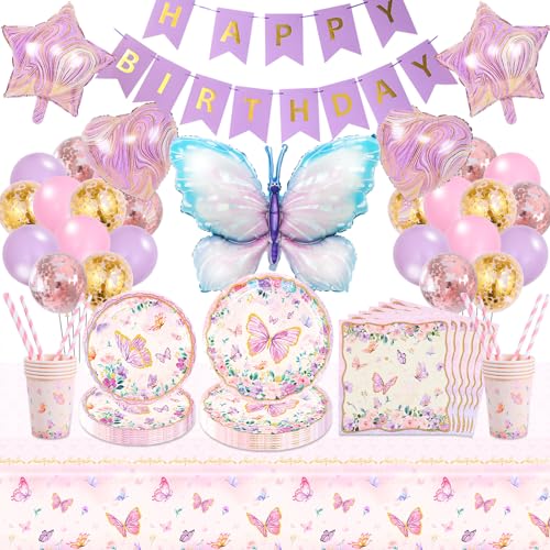 Schmetterling Geburtstag Deko Kindergeburtstag Geschirr Mädchen-115Pcs Schmetterlinge Partygeschirr Set mit Luftballon Balloon Geburtstagsdeko Girlande Pappteller Tortendeko Party Deko für 16 Gäste von Ainvliya