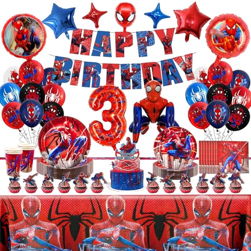 3 Jahre alt Spider Geburtstagsdeko Partygeschirr set - 92 Stück Luftballon und Tortendeko, Spidey Schulkind Deko für Kinder Party, Spider Deko Geburtstag Inklusive Pappteller, Tischdecke, Banner von Ainvliya