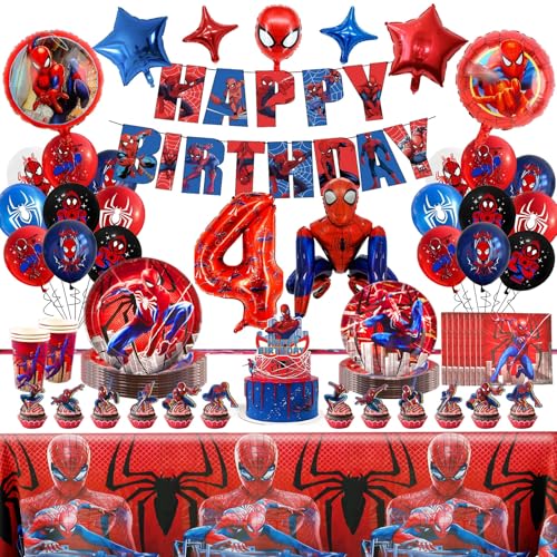 4 Jahre alt Spider Geburtstagsdeko Partygeschirr set - 92 Stück Luftballon und Tortendeko, Spidey Schulkind Deko für Kinder Party, Spider Deko Geburtstag Inklusive Pappteller, Tischdecke, Banner von Ainvliya