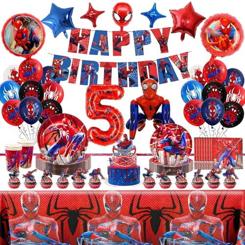 5 Jahre alt Spider Geburtstagsdeko Partygeschirr set - 92 Stück Luftballon und Tortendeko, Spidey Schulkind Deko für Kinder Party, Spider Deko Geburtstag Inklusive Pappteller, Tischdecke, Banner von Ainvliya