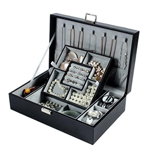 Aioneer Schmucketui Schmuckschatulle Schmuck-Organizer Schmuckschatulle aus PU-Leder Schmuckaufbewahrungsbox für Halsketten Ringe Ohrringe exquisiter Schmuck-Organizer mit(Black 29.5 * 19.8 * 9cm) von Aioneer