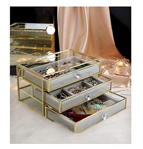 Aioneer Schmuckschatulle Make-up-Organizer Schmucketui Organizer Schmuckaufbewahrung durchsichtige Schmuckschatulle aus Glas mit 3 Schubladen Schmuck-Organizer aus Samt Et von Aioneer