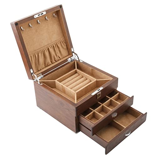 Aioneer Schmuckschatulle Schmuck-Organizer Massivholz 3-lagige Schmuckschatulle mit 2 Schubladen Schmuck-Organizer-Box für Ohrringe und Armreifen(A 22 * 22 * 15.5cm) von Aioneer