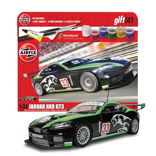 Airfix Geschenk-Set zum Aufhängen, Jaguar XKR GT3 Modellbauset – Maßstab 1:32 Kunststoff Modellauto-Bausätze für Erwachsene & Kinder ab 8 Jahren, Set enthält Aufkleber, Humbrol Acrylfarben, Pinsel & von Airfix