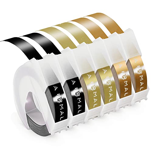 Prägeband Kompatible mit Dymo Prägegerät Etiketten 9mm Omega Etikettenband 3D Kunststoff Vinyl-Prägeetiketten Schwarz/Gold/Champagner Gold Kompatible mit Dymo Omega und Junior Prägegerät, 6 Rollen von Airmall