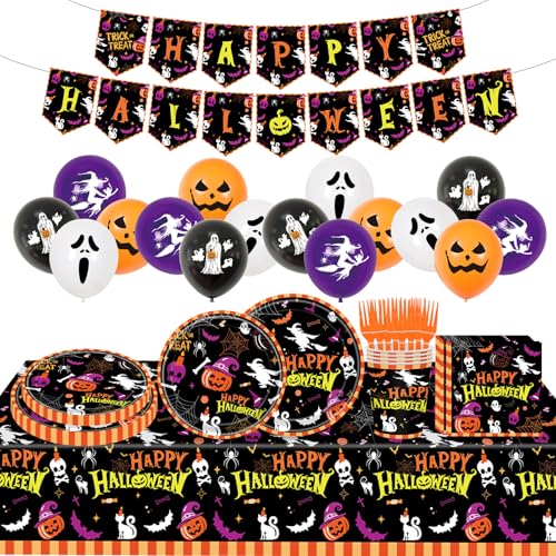 118-teiliges Halloween-Partyzubehör-Set für 20 Halloween-Banner, Kunststoff-Tischdecke, Schneemann-Pappteller mit Servietten, Bechern, Latex-Luftballons für Urlaub, Party, Baby, Mädchen, von Airoads