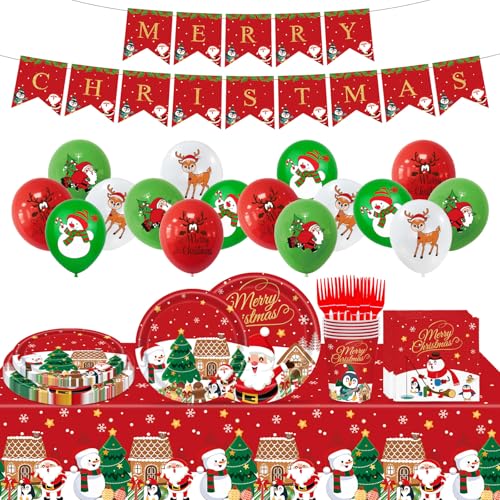 Airoads 118 Pcs Christmas Party Supplies Christmas Dinnerware Set -Christmas Banners Snowman Paper Plates with Napkins Cups，Latex Balloons for Xmas Themed Party Dekorationen Serve 20 von Airoads