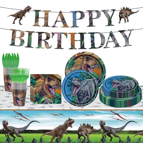 Dinosaurier Geburtstag Geschirr Partyteller 98 Stück Dinosaur Party Geschirr Set Including Banner Plates Cups Napkins Tableware for Boys Girls Baby Shower Dinosaur Theme Birthday Party Decoration von Airoads