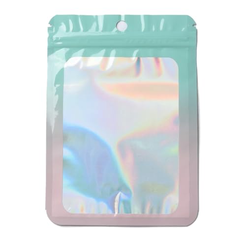 Airssory 100 Stück 14,9 x 10,5 cm Farbverlauf grün rosa PVC-Druckverschlussbeutel Glitzer Regenbogen holografische wiederverschließbare Folienbeutel für kleine Unternehmen, Reisen, Schmuckaufbewahrung von Airssory