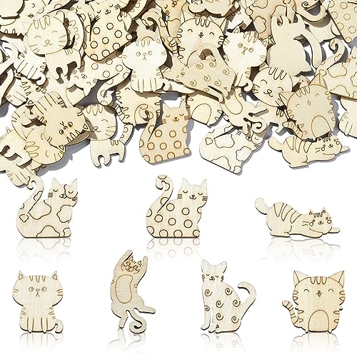 Airssory 100 Stück 7 Stile zufällig unlackierte Holzausschnitte Tier Cartoon Katze Kätzchen Holzscheiben Ornamente Charms zum Bemalen Zuhause Dekoration Zubehör von Airssory