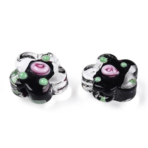 Airssory 100 Stück handgefertigte Lampwork-Glasblumen-Perlen schwarze Blumenperlen mit rosa Rosenperlen, schwarze Blumenperlen für DIY, Halloween, Schmuckherstellung, Ohrring-Armband von Airssory