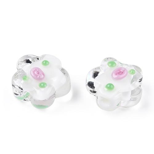 Airssory 100 Stück handgefertigte Lampwork-Glasperlen, weiße Blumenperlen mit rosa Rosen, weiße Blumenperlen für Schmuckherstellung, Ohrringe, Armbänder von Airssory