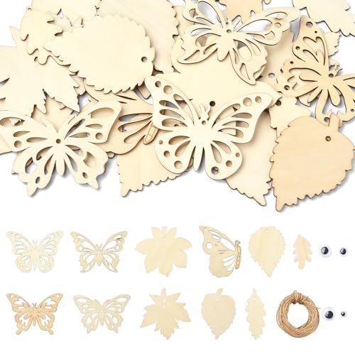 Airssory 12 Stück Frühlingsmotiv unlackierte Holzausschnitte Charms Schmetterling Insekten Tier Ahornblatt Holzscheiben mit Wackelaugen für DIY Malerei Kunst Handwerk Zuhause Verzierungen von Airssory