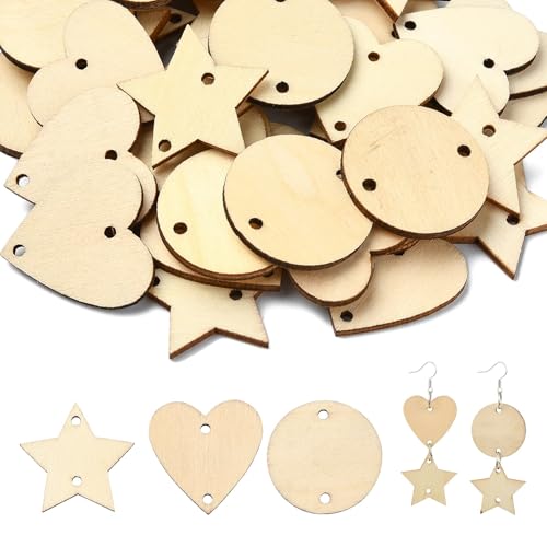 Airssory 180 Stück 3 Stile Herz Stern unlackierte Holzausschnitte Gliederanhänger Liebe himmlische flache runde Holzscheiben für Valentinstag DIY Malerei Kunst Handwerk Heimverzierungen von Airssory