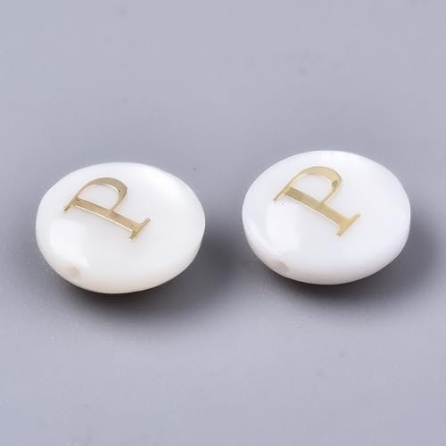 Airssory 20 Stück 8 mm flache runde natürliche Süßwasser-Muschelperlen mit Buchstabe P, Messing-Verzierungen, Alphabet-Initialen-Perlen für DIY-Schmuck, Armband, Halskette, Basteln, Dekoration von Airssory