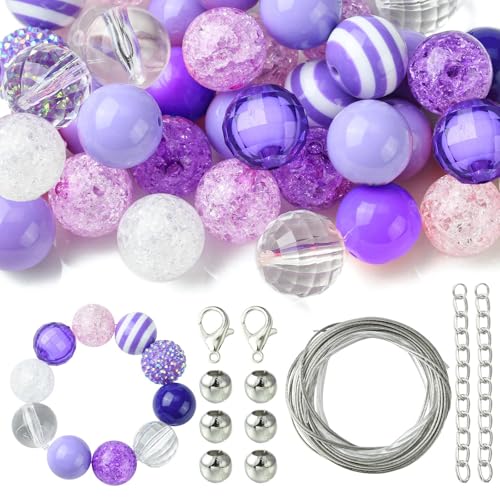 Airssory 50 Stück 20 mm violette Kaugummi-Perlen, klobige, runde Discokugel-Acrylperlen, Bastelset für DIY-Schmuck, Halsketten, Armbänder, Schlüsselanhänger, Großpackung Heimdekoration von Airssory