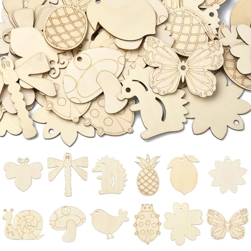 Airssory 60 Stück 12 Stile Insekten Tier Thema Ungefärbte Holzausschnitte Charms Frühling Blume Schmetterling Obst Holzscheiben für DIY Malerei Kunst Handwerk Zuhause hängende Dekoration von Airssory