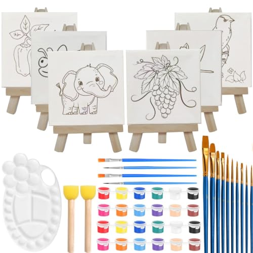 Aisamco Mini Leinwand und Staffelei, Leinwand Malerei Set enthält 4x4 Zoll grundiert Leinwand, Mini Staffelei, Acrylfarbe, Pinsel und Palette für Kinder Künstler Kunst Party Zeichnung von Aisamco