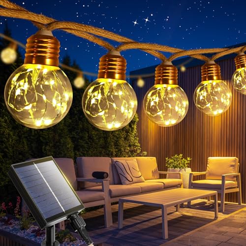 Aisutha Solar Lichterkette Aussen mit 16 Glühbirnen, 8M Solar Lichterkette Outdoor Wetterfest, 8 Modi Led Lichterkette Außen Solar mit Hanfseil für Balkon, Gärten, Party, Hochzeit (Warmweiß) von Aisutha