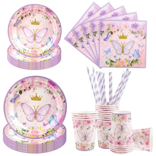 Aitsite 100 Stück Rosa Schmetterling Partygeschirr Set, Schmetterling Partyteller Geburtstag für 20 Gäste, Schmetterling Geburtstag Geschirr, Party Deko Set, Kindergeburtstag Teller Becher Servietten von Aitsite